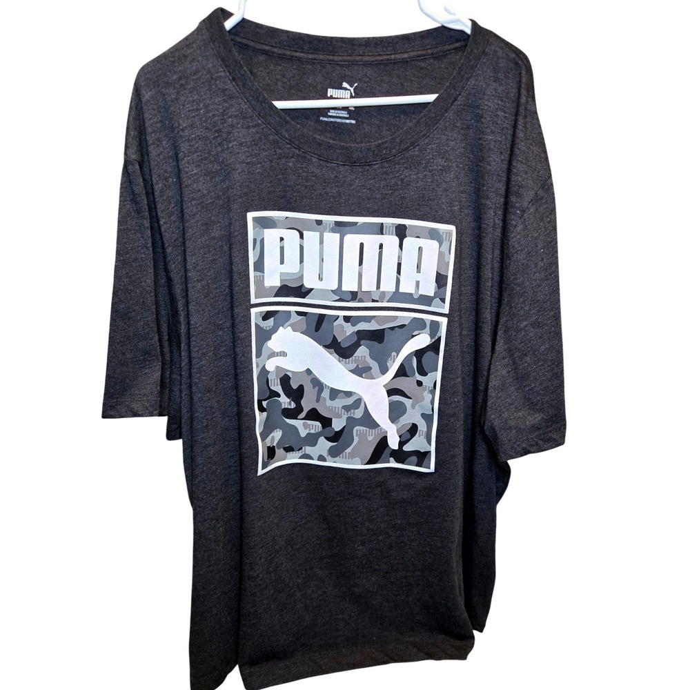 Puma Mens 4XL T-Shirt Charcoal Heather Grey Camo Logo Graphic Tee Short Sleeve